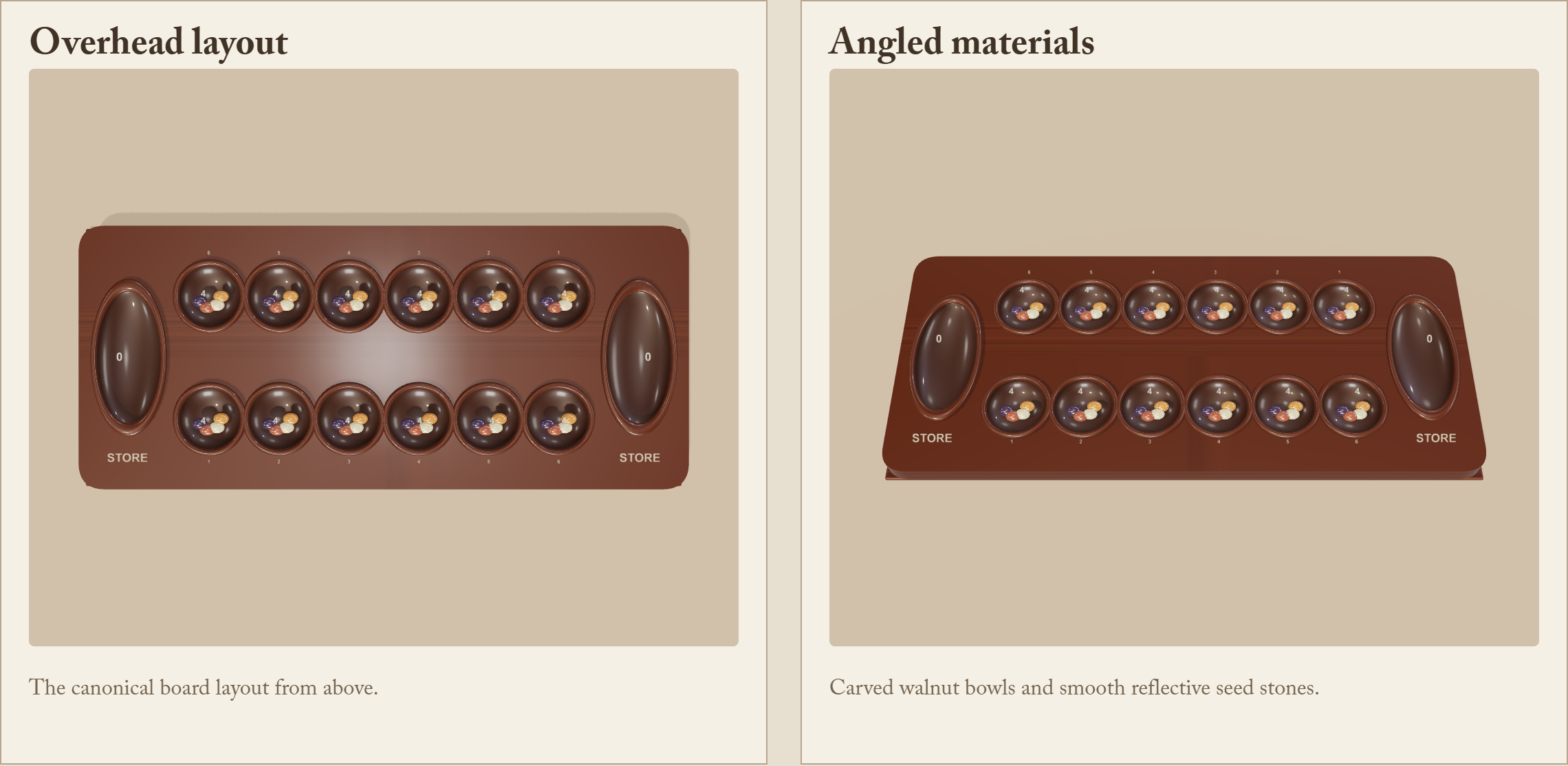 Mancala 3D asset sheet rendered from the actual live game models